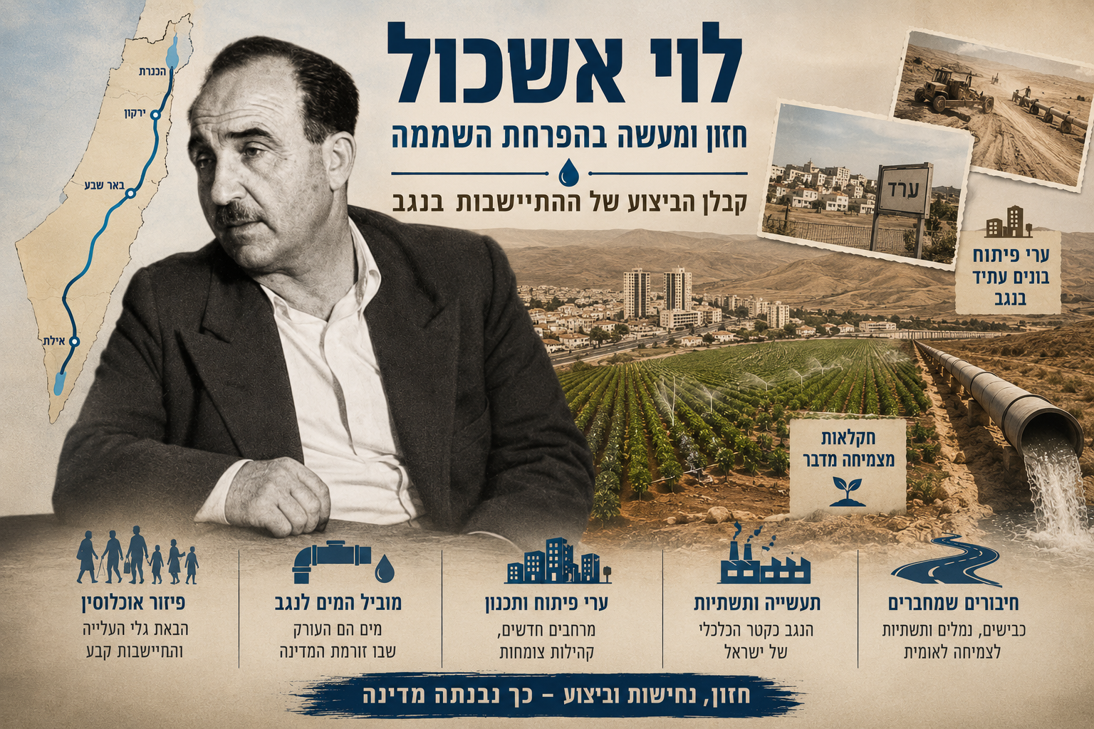 Read more about the article לוי אשכול חזון ומעשה בהפרחת השממה – קבלן הביצוע של ההתיישבות בנגב